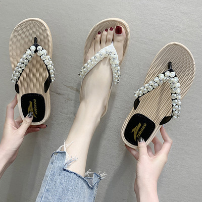 Модерни дамски чехли с перли в бял и черен цвят