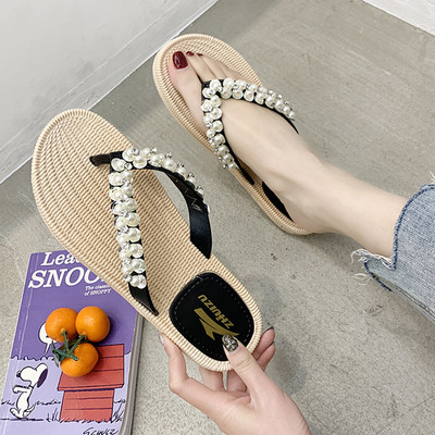 Модерни дамски чехли с перли в бял и черен цвят