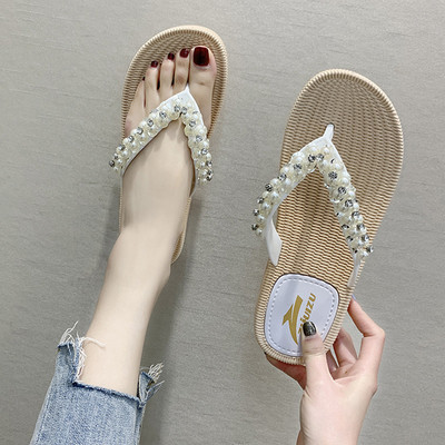 Модерни дамски чехли с перли в бял и черен цвят