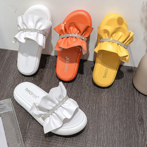 Ежедневни дамски чехли с камъни в бял,оранжев и жълт цвят