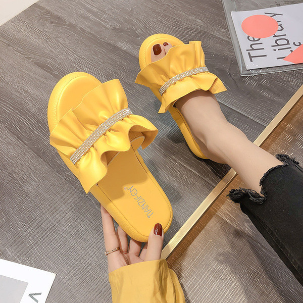 Ежедневни дамски чехли с камъни в бял,оранжев и жълт цвят