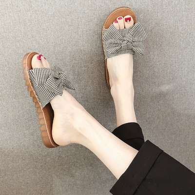 Дамски ежедневни чехли с панделка и равна подметка в два цвята