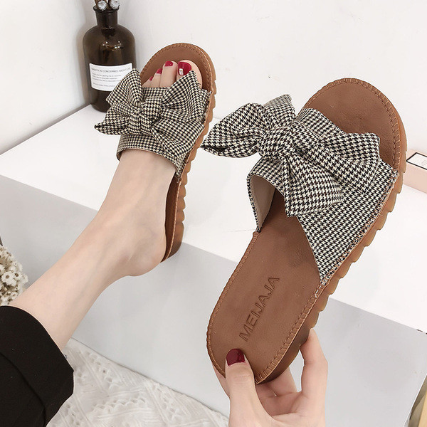 Дамски ежедневни чехли с панделка и равна подметка в два цвята