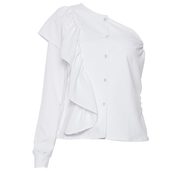Модерна дамска риза с един ръкав в бял цвят