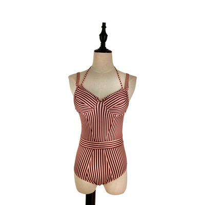 Дамски раиран цял бански костюм с презрамки