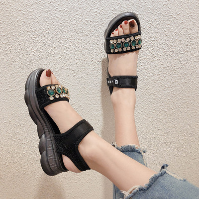 Ежедневни дамски сандали с камъни и лепенка в два цвята