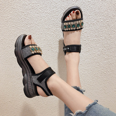 Ежедневни дамски сандали с камъни и лепенка в два цвята