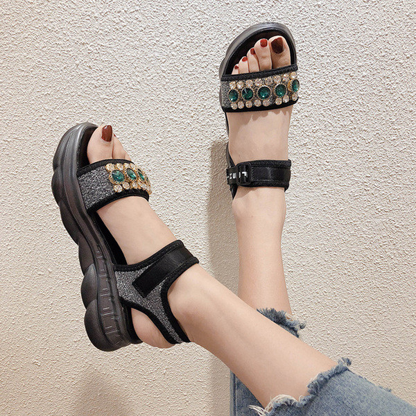 Ежедневни дамски сандали с камъни и лепенка в два цвята