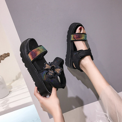 Модерни дамски сандали с пайети и платформа в два цвята