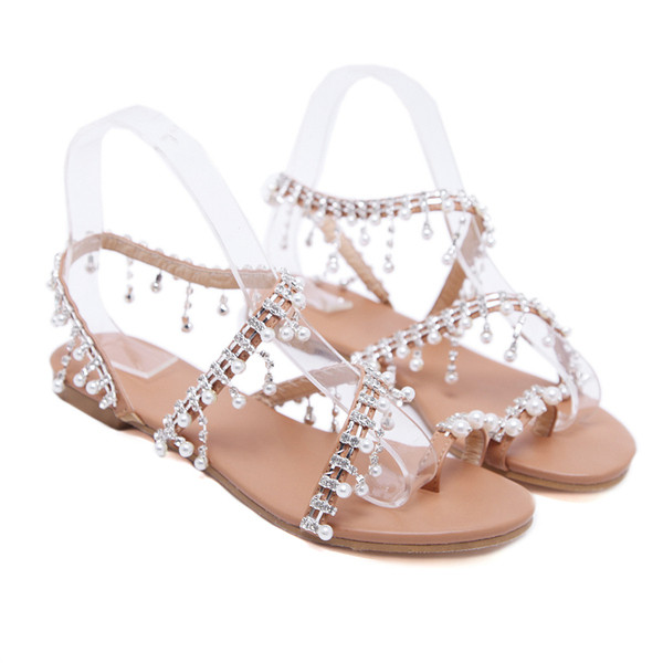 Ежедневни дамски сандали с перли и равна подметка