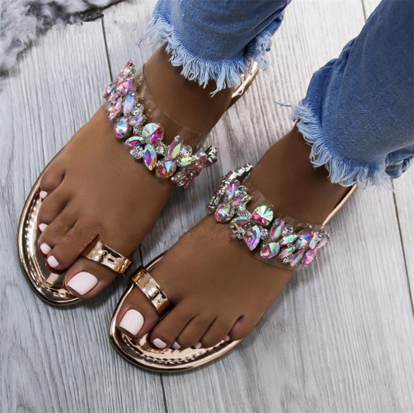 Ежедневни дамски чехли с равна подметка и цветни камъни