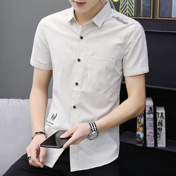 Стилна мъжка риза в два цвята с къс ръкав и бродерия 