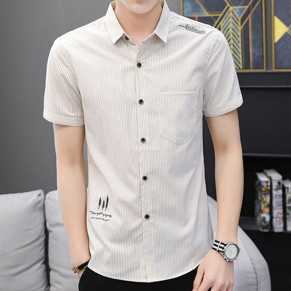 Стилна мъжка риза в два цвята с къс ръкав и бродерия 