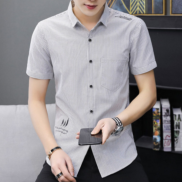 Стилна мъжка риза в два цвята с къс ръкав и бродерия 