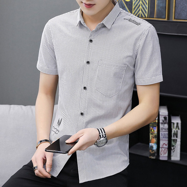 Стилна мъжка риза в два цвята с къс ръкав и бродерия 