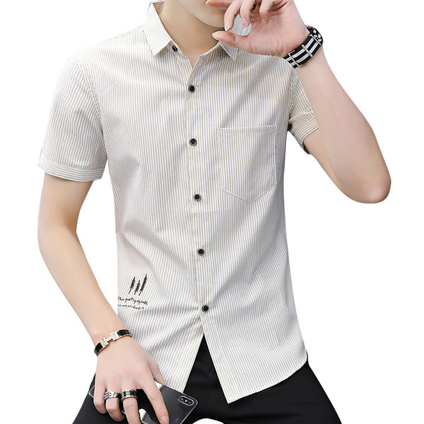 Стилна мъжка риза в два цвята с къс ръкав и бродерия 