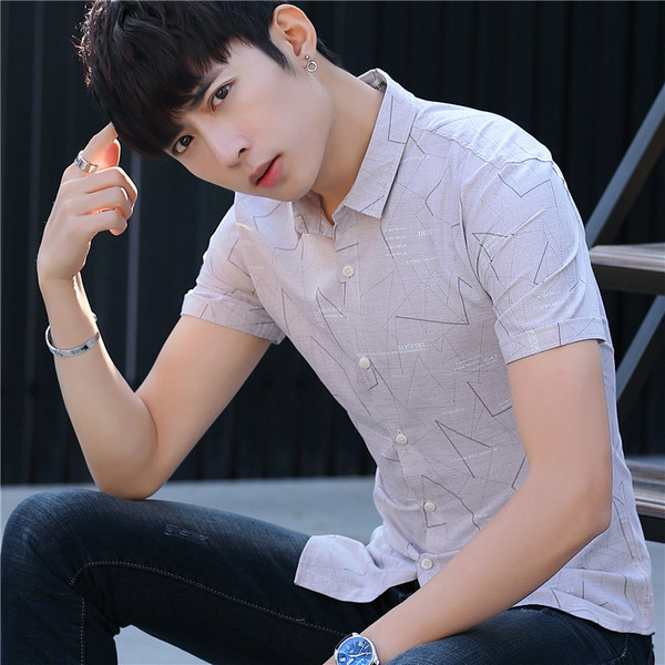 Стилна мъжка риза с къс ръкав и копчета-три цвята