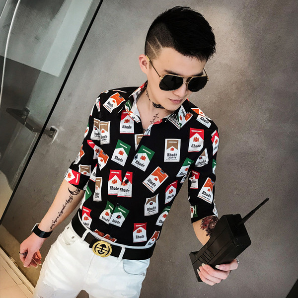 Мъжка риза с апликация с класическа яка и 3/4 ръкав в бял и черен цвят