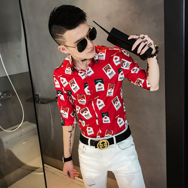 Мъжка риза с апликация с класическа яка и 3/4 ръкав в бял и черен цвят