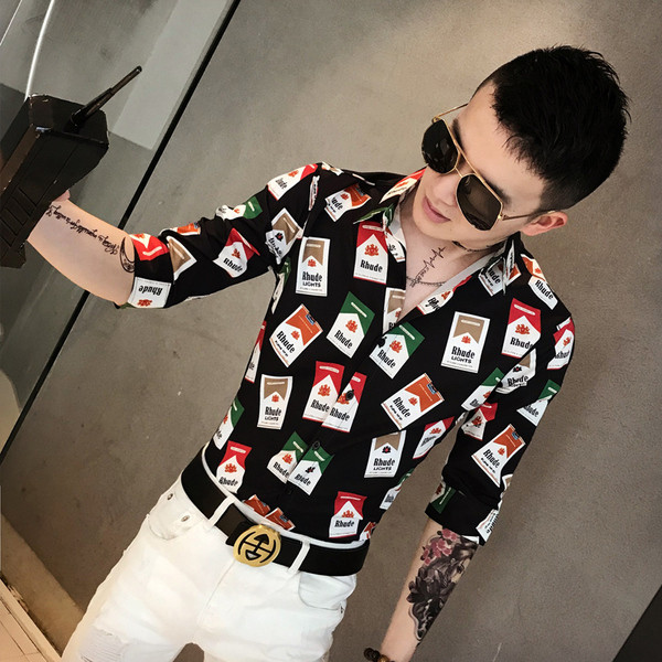 Мъжка риза с апликация с класическа яка и 3/4 ръкав в бял и черен цвят