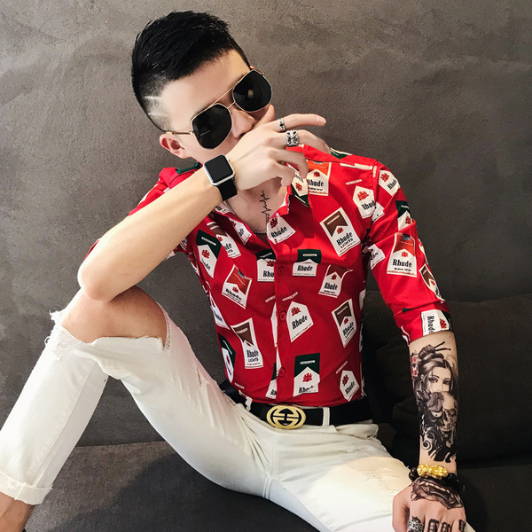 Мъжка риза с апликация с класическа яка и 3/4 ръкав в бял и черен цвят