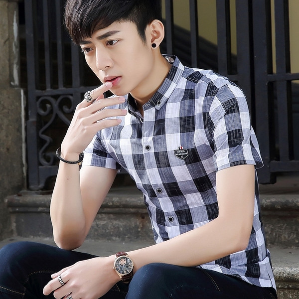 Cămașă bărbați în carouri în două culori cu mâneci scurte și emblemă