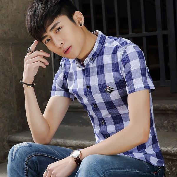 Cămașă bărbați în carouri în două culori cu mâneci scurte și emblemă