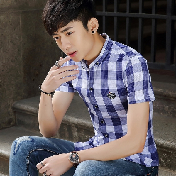 Cămașă bărbați în carouri în două culori cu mâneci scurte și emblemă