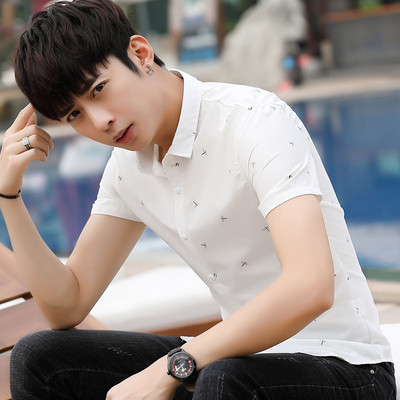 Актуална мъжка риза с къс ръкав в бял и сив цвят 