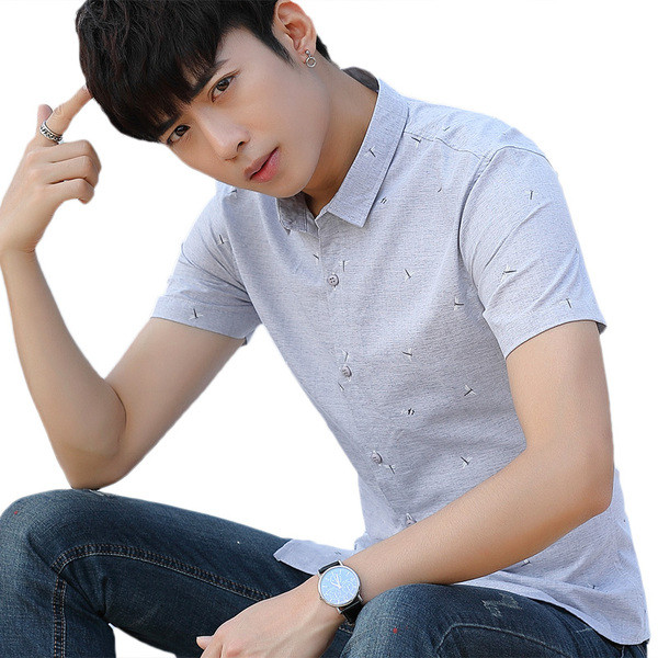 Актуална мъжка риза с къс ръкав в бял и сив цвят 