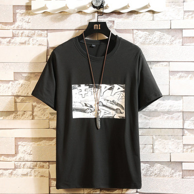 Tricou casual barbatesc alb si negru cu aplicatie