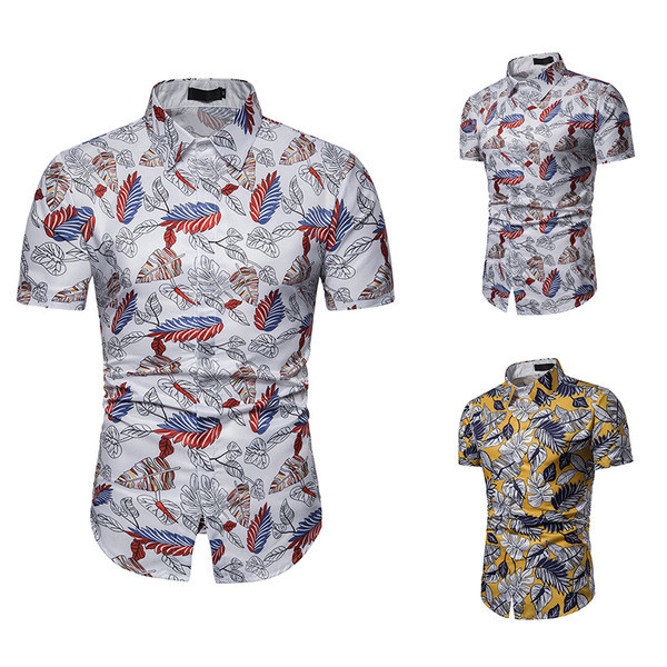 Cămașă bărbătească cu frunze drepte în galben și alb