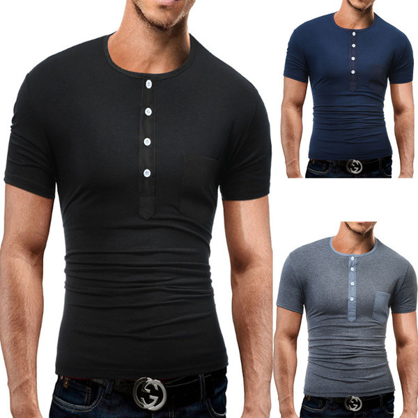 Tricou casual barbatesc cu decolteu O si nasturi in trei culori