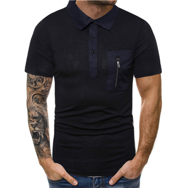 Tricou casual barbatesc cu guler clasic si buzunar in alb si negru