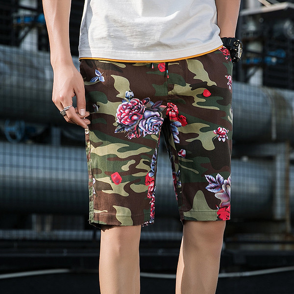 Pantaloni casual 3/4 pentru bărbați, cu buzunar și cravate în model de camuflaj