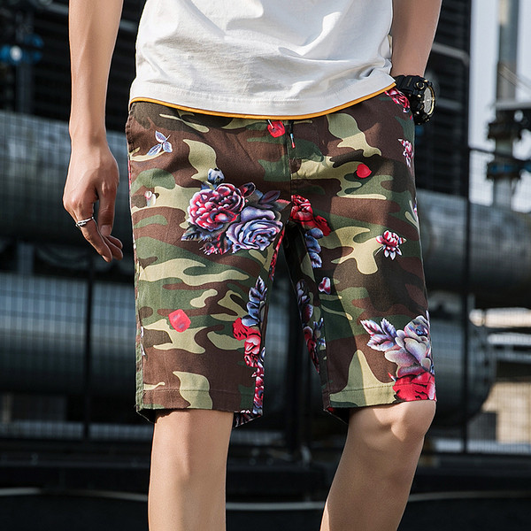 Pantaloni casual 3/4 pentru bărbați, cu buzunar și cravate în model de camuflaj