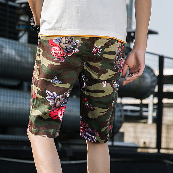 Pantaloni casual 3/4 pentru bărbați, cu buzunar și cravate în model de camuflaj