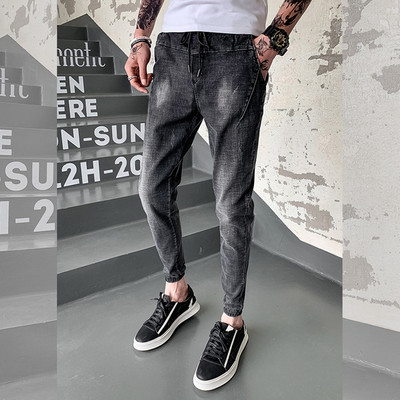 Мъжки модерни дънки в сив цвят с връзки и джобове 