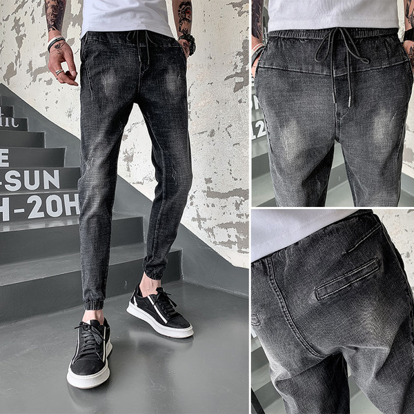 Blugi moderni pentru bărbați de culoare gri cu șireturi și buzunare