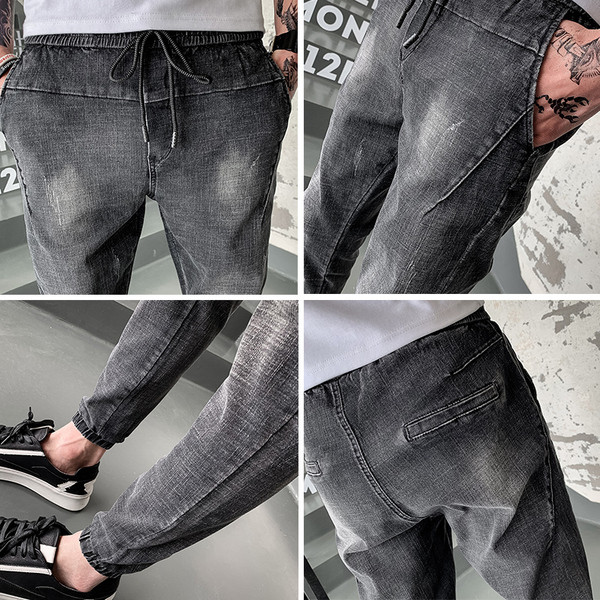 Blugi moderni pentru bărbați de culoare gri cu șireturi și buzunare