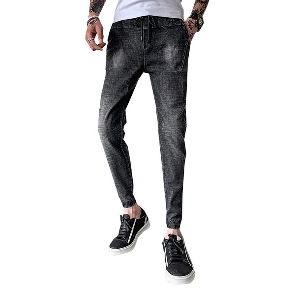 Blugi moderni pentru bărbați de culoare gri cu șireturi și buzunare