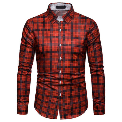 Cămașă bărbătească în carouri cu mâneci lungi și guler clasic