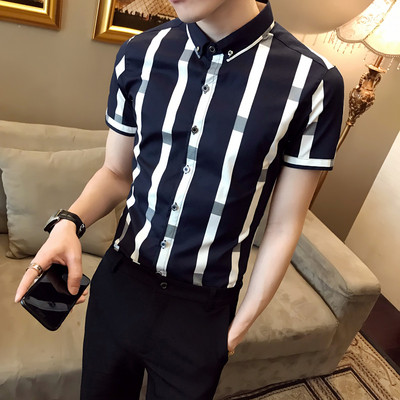 Мъжка стилна риза с къс ръкав-в черен и бял цвят