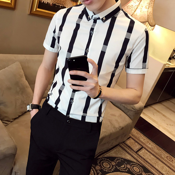 Мъжка стилна риза с къс ръкав-в черен и бял цвят