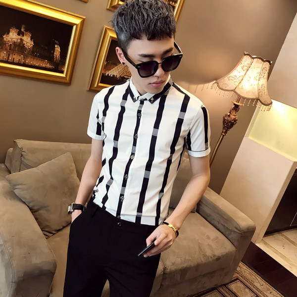Мъжка стилна риза с къс ръкав-в черен и бял цвят