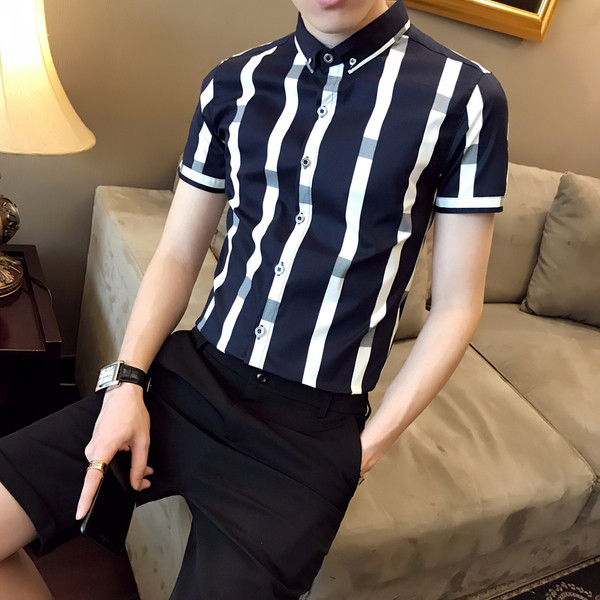 Мъжка стилна риза с къс ръкав-в черен и бял цвят