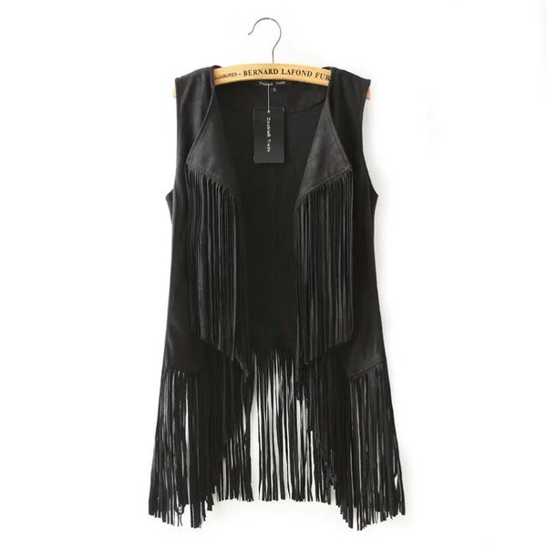 Модерен дамски елек с ресни в черен и кафяв цвят 