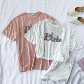 Bluză casual de damă în roz și alb cu mâneci scurte și pietre