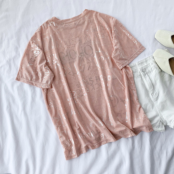 Bluză casual de damă în roz și alb cu mâneci scurte și pietre