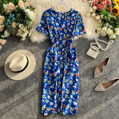 Rochie casual de dama cu maneci scurte si decolteu in V in albastru si verde